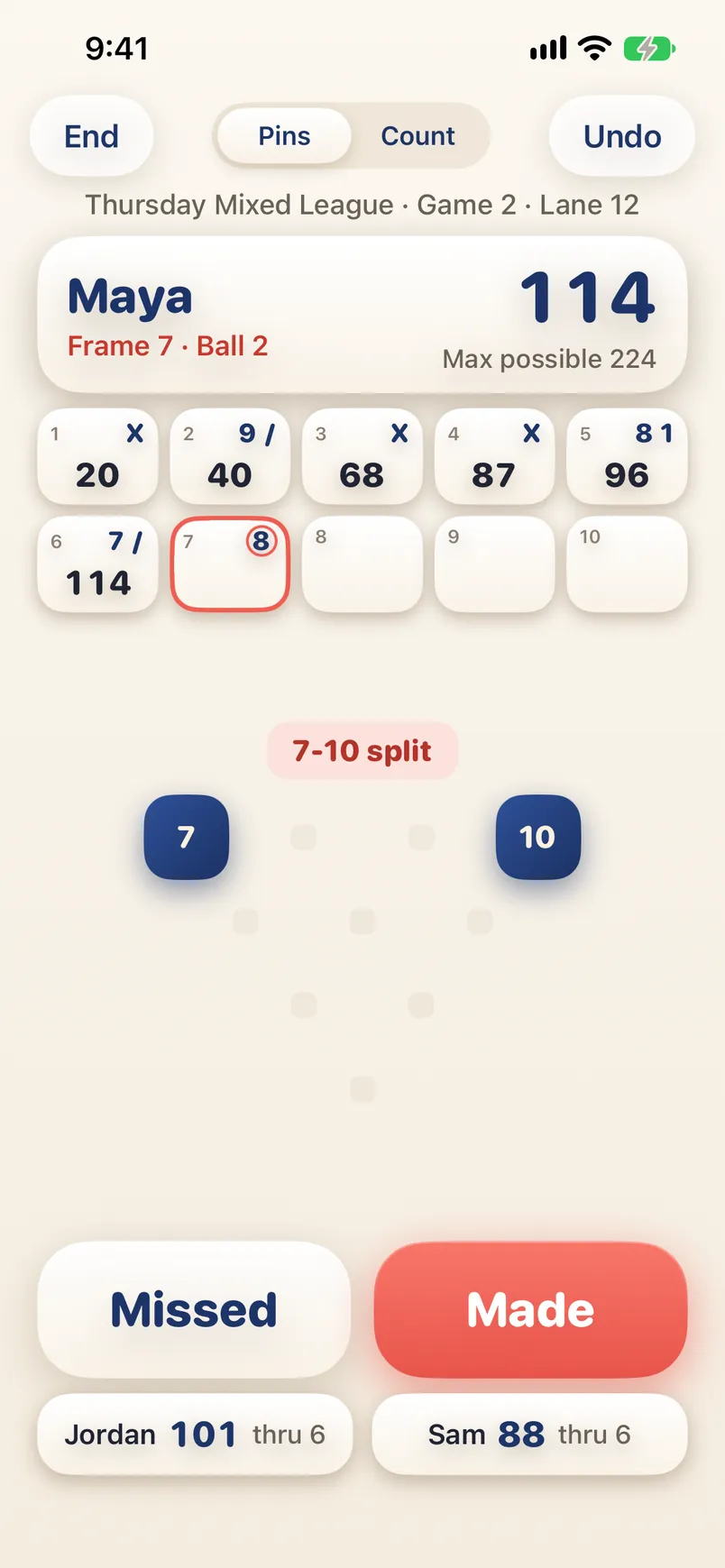 Sparewise lane screen: Maya at 114 in frame 7 with a 7-10 split left, Missed and Made buttons